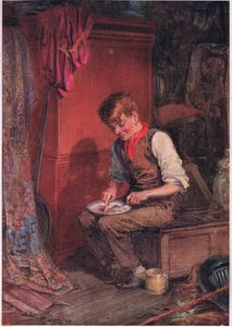 Kit carregou uma grande fatia de pão e carne para um canto e dedicou-se a comê-la com grande voracidade , c.1920 (litografia a cores) de Frank Reynolds