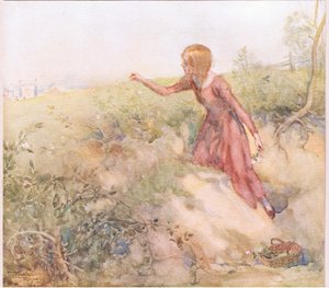 Pouco depois do nascer do sol, ela saiu da tenda e, caminhando por alguns campos a curta distância, colheu algumas rosas, c.1920 (litografia a cores) de Frank Reynolds
