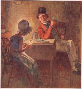 A marquesa segurando as cartas com as duas mãos, ponderando qual jogar, c.1920 (litografia a cores) de Frank Reynolds