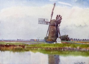Norfolk Broads: Moinho País acima de Stokesby (cor litho) de Frank Southgate