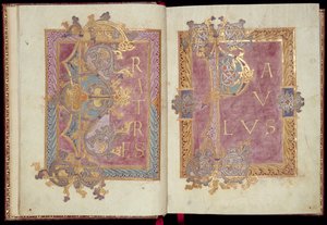 Ms McClean 30, ff.2v-3r: Páginas iniciais emolduradas com folhas de Acanthus, do epistolário de Reichenau, no final do século X (tinta dourada e têmpera sobre pergaminho)