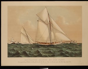 Mayflower saudado pela frota. Cruzando a proa da Galatea na sua primeira corrida para a America