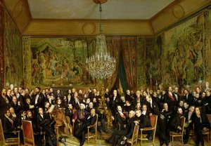 O Salão de Alfred Emilien, Comte de Nieuwerkerke 1811-1892 no Louvre, 1855. de François August Biard