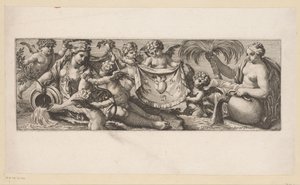 Putto com coração queimado e perfurado perto de um par de ninfas de água
Figuras mitológicas à beira-mar (título da série) de François Bignon