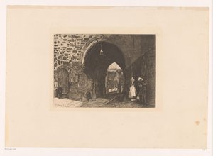 Gezicht op de Porte de St. Malo te Dinan Dez gravuras, desenhadas e gravadas por F. Bonvin, Painter (título da série) de François Bonvin