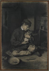 Garoto sentado segurando um gato (reto); Estudo de gatinhos e um prato de leite (verso), c. 1874-80 (giz preto aumentado com giz branco sobre papel branco sujo) de François Bonvin