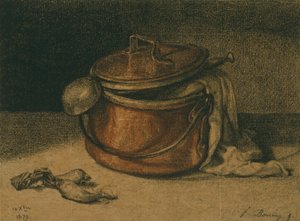 Natureza morta com panela de cobre e concha de François Bonvin