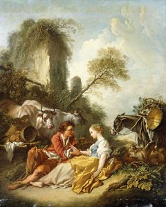 Uma paisagem pastoral com pastor e pastora sentada em ruínas, de François Boucher