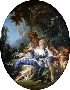 Um pastor e uma pastora em Dalliance em uma paisagem arborizada, 1761 de François Boucher