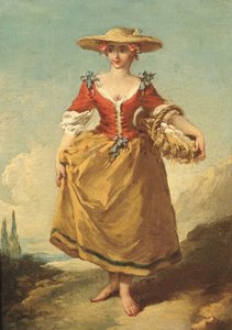 Uma camponesa numa paisagem carregando um cesto de ovos (óleo sobre tela) de François Boucher