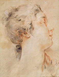 Cabeça de uma mulher virada para a direita (lápis preto e sanguíneo) de François Boucher