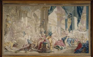 Manufacture de Beauvais - Psique conduzida por Zéfiro ao palácio do Amor e Psique mostrando a sua riqueza às suas irmãs, depois de 1741 de François Boucher