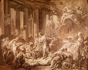 Psique Recebendo as Honras Divinas (estudo preparatório), c.1740 (pintura a óleo sobre papel montado sobre tela) de François Boucher