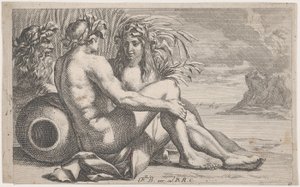 Deuses do rio reclinados diante de uma paisagem marinha, 1651-82. de François Bourlier