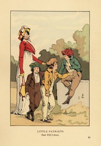 Rapazes de casacos e calças com Merveilleuse em roupão romano com capuz e casaco spencer. Pequenos Patriotas, Ano VIII de François Courboin