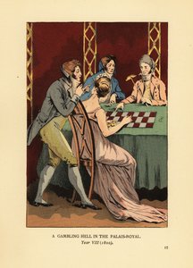 Incroyables da moda em jaquetas de colarinho alto em uma mesa de jogo com mulher jovem e croupier. Um inferno de jogo no Palais Royal, Ano VIII de François Courboin