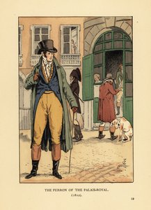Cavalheiro da moda em frente à entrada do Passage du Perron, Palais Royal. Ele usa um chapéu, cravat, casaco, calças e botas. O Perron du Perron, Palais Royal, Paris