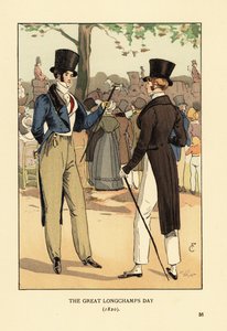 Cavalheiros da moda de cartola e cauda com bengalas. Num grande dia de corrida no hipódromo de Longchamp. Multidões de pessoas e carruagens da moda. O grande dia de Longchamp