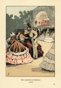 Pessoas da moda no baile ao ar livre, Bal Mabille... Mulheres com crinolinas largas e capas de pele, homem de cartola, casaco e calças às riscas. O baile da noite no Jardin Mabille, Avenue Montaigne, foi realizado de 1844 a 1875. Os Jardins em Mabille