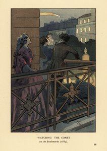 Pessoas da moda observando o cometa de 1857 de uma varanda de uma avenida, Paris. Mulher em crinolina com binóculos. Litografia colorida por R.V. depois de uma ilustração de François Courboin da Moda de Octave Uzanne em Paris, William Heinemann, Londres.