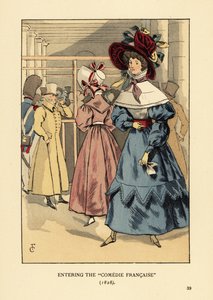 Mulheres da moda em uma peça, Paris. Mulher de chapéu grande com fitas, vestido com gola alta, capa de renda ou pelerine e manga cheia em boina. Entrando na Comedie Francaise de François Courboin