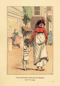 Mulher e criança em frente à Fonte de Leda, Fontaine de Leda, na Rue du Regard, Paris, Ano VII