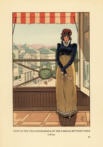 Mulher à janela com vista para o Panoramas e a Passage des Panoramas, na Boulevard Montmartre, Paris de François Courboin