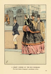 Mulher com capa forrada de pelo e muff sobre uma crinolina larga, com outra mulher em desgaste para cavalgar. Um canto inteligente da rue de Richelieu, o armazém da Companhia das Índias Orientais, Paris. de François Courboin