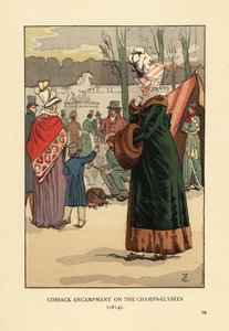 Mulher de casaco forrado de peles com peles de peles vestindo os bivouas Tatar e Kalmyk Cossack em Paris, após a queda de Napoleão. Acampamento de cossacos nos Campos Elísios de François Courboin