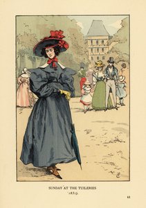 Mulher a desfilar no domingo Melhor do parque. Veste um chapéu de aba larga, veste-se com as mangas cheias, botas de tornozelo e carrega um guarda-sol. Domingo no Jardim das Tuileries de François Courboin
