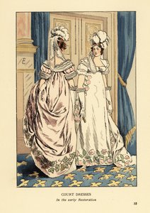 Mulheres com toucas de penas e vestidos bordados luxuosos, corte do rei Luís XVIII, cerca de 1817. Interior com cortinas azuis e tapete Fleur de lys. Vestidos da corte no início da Restauração, Paris. Litografia colorida à mão por R.V. depois de uma ilustr de François Courboin