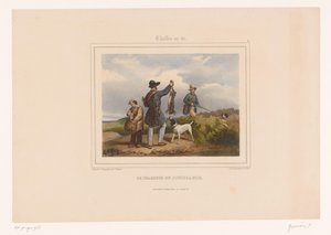 Hunter mostra a outro caçador sua lebre de tiro Le chasseur en jouissance (título no objeto) Caçadores com armas (título da série) Chasses au Tir (título da série no objeto) de François Grenier
