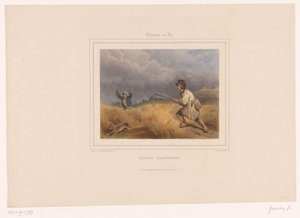Dois caçadores furtivos perseguem uma lebre
Paysan braconnant (título sobre o objecto)
Caçadores com armas (título da série)
Chasses au Tir (título da série sobre o objecto)
