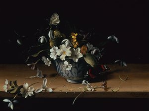 Flores em uma tigela de porcelana chinesa azul e branca com uma borboleta almirante vermelha em uma borda de madeira (óleo no painel) de François Habert