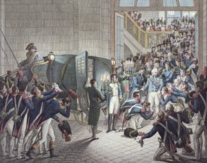 Partida de Luís XVIII (1755-1824) Rei da França e Navarra, de Les Tuileries, 19 de março de 1815 (gravura a cores)