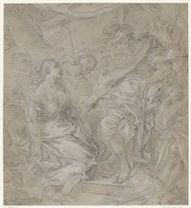 Jovem mulher ajoelhada perante um general na sua tenda (Scipio?) de François Le Moine (manner of)