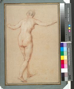 Fêmea Nua em Pé Vista de Trás, c.1722 (giz vermelho, preto e branco sobre papel) de François Lemoyne