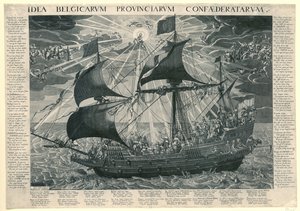 O Navio do Estado, 1620 Alegoria do estado feliz do país após o sínodo de Dordrecht Idea Belgicarum Provinciarum Confaederatarum (título no objeto) de François Schillemans