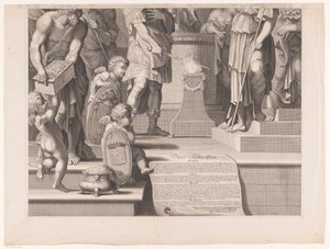 Marte coloca a sua espada nas chamas em frente de um templo (parte inferior) de François de Poilly (I)