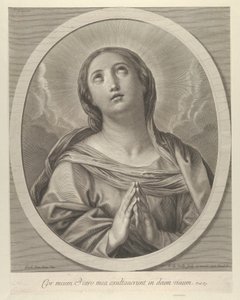A Virgem em oração, olhando para cima com nuvens atrás dela, em uma moldura oval, depois de Reni, ..., 1648-81. de François de Poilly