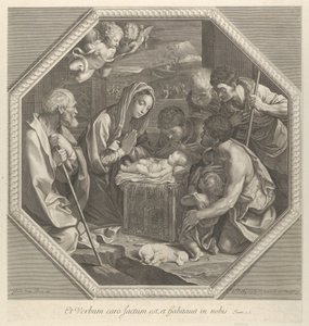 A adoração dos pastores que se ajoelham juntos diante do menino Cristo..., c. 1655-93. de François de Poilly
