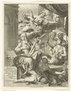 Alegoria com personificações femininas de, entre outras coisas, a verdade e virtudes e vícios Página de rosto para: Johannes van der Kemp, O cristão totalmente possuído por Cristo na vida e na morte, mostra em cinquenta e três sermões sobre o Santo