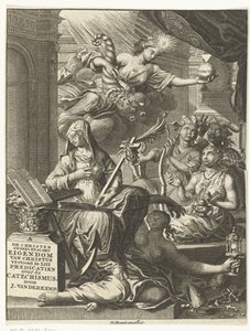Alegoria com personificações femininas da verdade e possivelmente virtudes e vícios, entre outros
Página de título para: Johannes van der Kemp, O cristão total e inteiramente propriedade de Cristo em vida e morte, mostrado em cinquenta e três sermões o de François van Bleyswijck