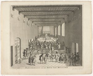 Tribunal da Holanda em sessão, c. 1700
Pleitrolle van den Hove van Holland (título sobre o objecto)