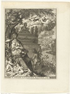 Musa e putti sentar-se no monumento de sepultura do poeta Arnold Moonen
Página de título para: Arnold Moonen, Vervolg der poëzye, Delft 1720
Continuação da Poesia de A. Moonen (título sobre o objecto) de François van Bleyswijck