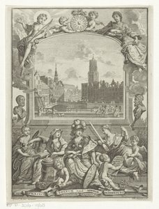 Paisagem urbana com Dom Church em Utrecht e alegoria com Minerva e virtudes