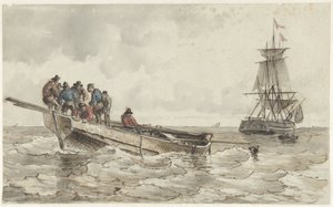 Oito homens em um barco a remo perto de um veleiro