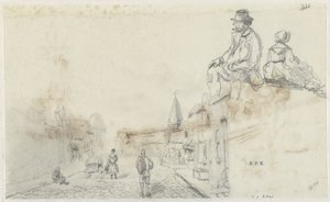 Esboços de uma rua e de duas pessoas sentadas