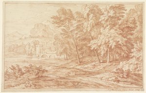Paisagem com rio e ponte com torre redonda de Frans Boudewijns