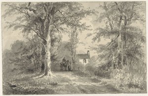 Avenida entre árvores com cavaleiro e mulher de Frans Breuhaus de Groot